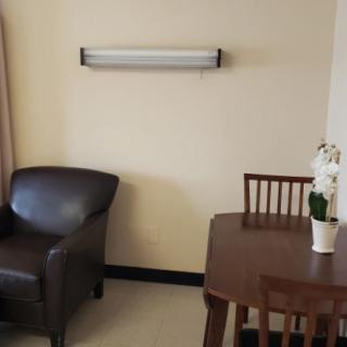 A cozy interior with a dark leather chair, a wooden table and chairs, an overhead light fixture, and a potted orchid.