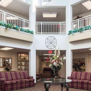 A well-lit lobby area featuring elegant sofas and decorative plants.