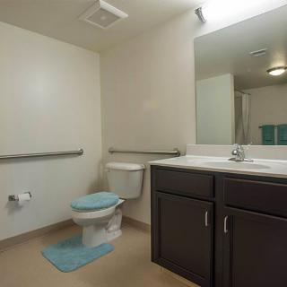 A modern bathroom with accessibility features, including grab bars near the toilet and a spacious layout.