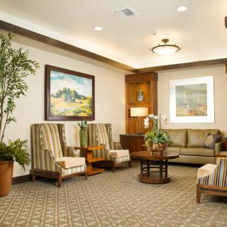 A cozy lobby area with comfortable seating, artwork, and decorative plants.
