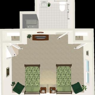 A floor plan of a bedroom with two beds, a bathroom, and furniture arrangement.