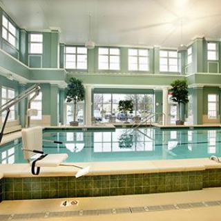 A luxurious indoor swimming pool with large windows and elegant decor.