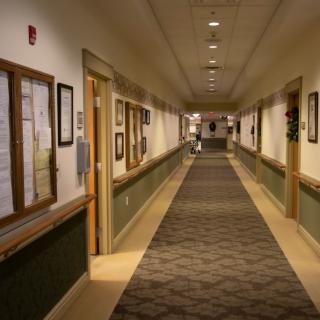 A long, well-lit hallway in an office building with framed pictures on the walls.