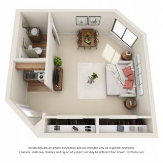 3D floor plan of a modern studio apartment with an open living area, bedroom space, and a small kitchen and bathroom.
