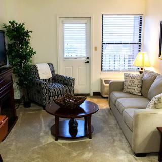 Cozy living room with a sofa, armchair, and a coffee table.