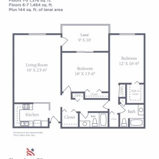 Floor plan of a two-bedroom apartment with living room, kitchen, and bathroom.