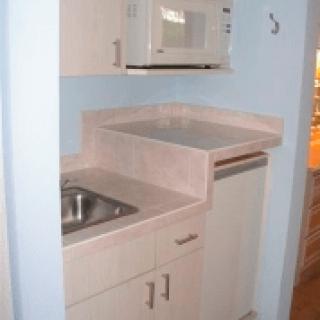 A compact kitchen area with a sink, microwave, and cabinets.