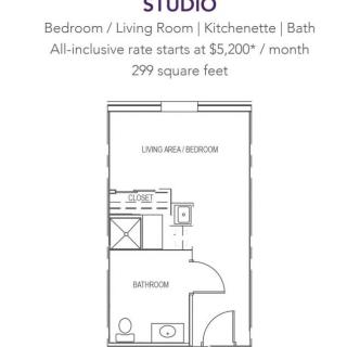 Floor plan of a studio apartment with a combined bedroom, living room, kitchenette, and bath.