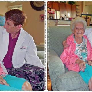 A doctor visiting an elderly woman at her home, engaging in a caring interaction in the living room.
