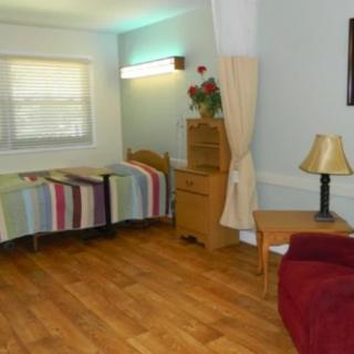 A tidy bedroom with a single bed, wooden floor, and a small lamp on the table.