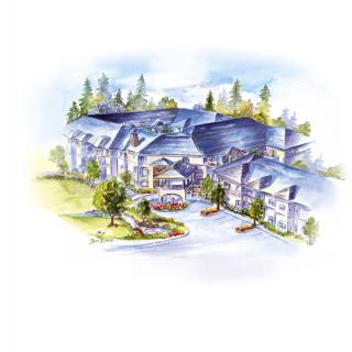 A watercolor painting of a large building surrounded by greenery.