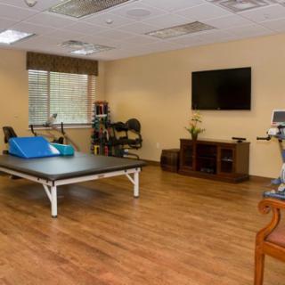 A well-equipped exercise room featuring therapy and gym equipment for rehabilitation and fitness.
