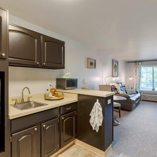 A modern apartment kitchen and living area with dark cabinets, a microwave, and comfortable furniture.