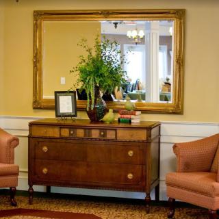 A cozy living room setting featuring a large mirror above a wooden dresser, flanked by two pink chairs with decorative plants on the furniture.