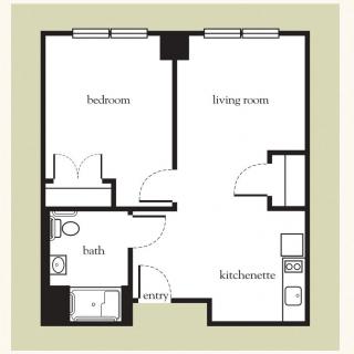 A simple one-bedroom apartment floor plan featuring a living room, kitchen/dinette, bathroom, and closet.
