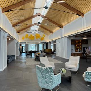A modern lounge area featuring stylish furniture and a high wooden ceiling.