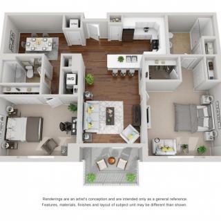 A 3D rendering of a two-bedroom apartment floor plan featuring modern interior design and furniture placement.