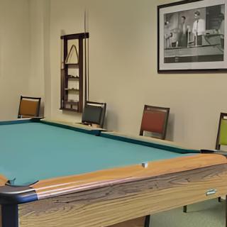 A room with a billiards table and chairs along the wall.