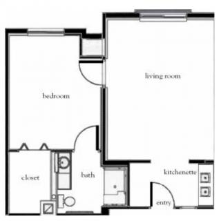A floor plan of a one-bedroom apartment featuring a living room, kitchen, bathroom, and closet.