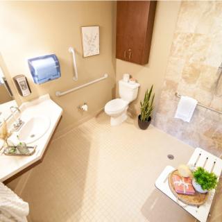 A modern bathroom interior with accessible features, including handrails and a towel dispenser.