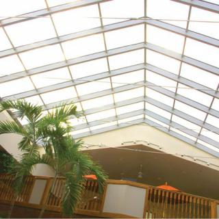 A spacious atrium featuring a large skylight and indoor plants.
