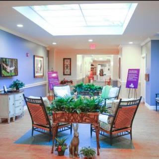 A brightly lit lobby area with comfortable seating and lush greenery.