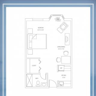 A one-bedroom apartment floor plan showcasing the layout of living spaces.