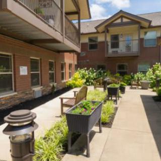 A sunny courtyard featuring benches and lush greenery in a residential building setting.