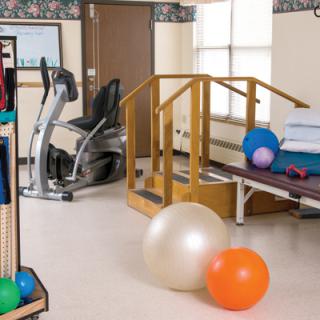A rehabilitation room equipped with an exercise bike, therapy balls, and parallel bars designed for physical therapy exercises.