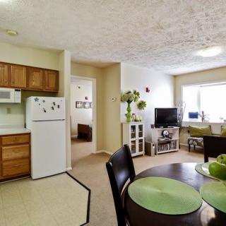 A cozy apartment featuring an open kitchen, dining area, and living room with modern furnishings.