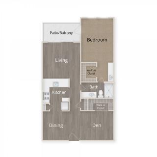 A floor plan of an apartment showing the layout with labeled areas for living, dining, kitchen, and bedroom.