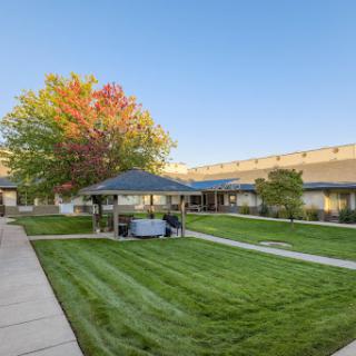 A serene outdoor space featuring well-maintained grass, a vibrant tree with fall foliage, and a shaded seating area.