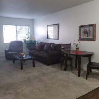 A cozy living room with a sofa, coffee table, and dining area.