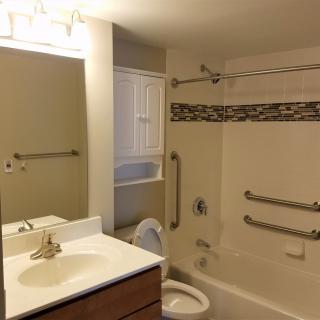 A bathroom featuring a sink, toilet, and bathtub with grab bars installed.
