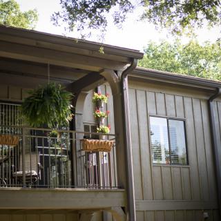 A cozy balcony adorned with hanging plants, attached to a wooden house.