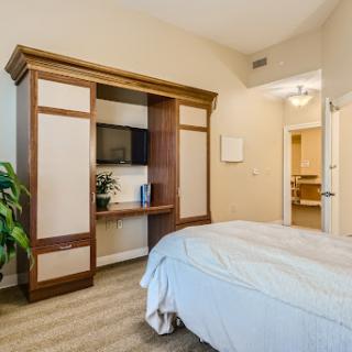 A cozy and modern bedroom featuring elegant storage solutions and a touch of greenery.