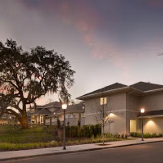 A modern residential building highlighted by evening lighting, featuring a large tree in the foreground.