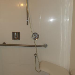 An accessible bathroom shower with a handrail and a built-in seat.
