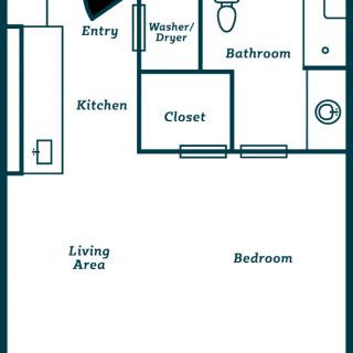 A floor plan of an apartment showing the kitchen, living area, bedroom, bathroom, closet, and entry.