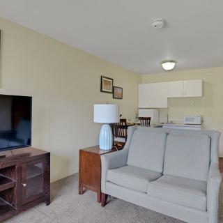 A cozy living room with a sofa, television, and a small kitchen in the background.
