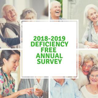 A promotional image highlighting a deficiency-free annual survey for a healthcare facility in 2018-2019.