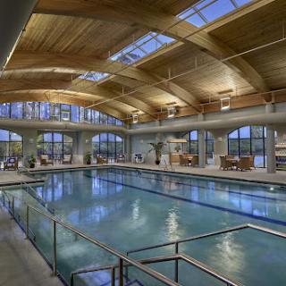 A serene indoor swimming pool with a wooden ceiling and ample natural light.