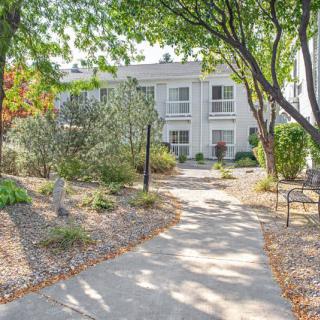 A scenic view of a house with a pathway surrounded by trees and gardens.