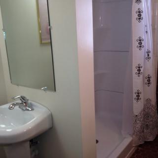 A small bathroom with a sink and shower.
