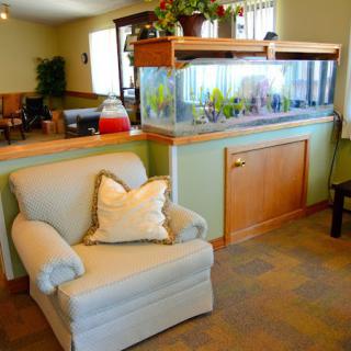 A cozy living room corner featuring a comfortable armchair with a decorative pillow and an aquarium on the side.