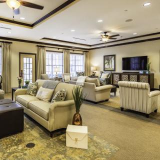 A spacious and elegantly decorated living room with comfortable sofas, a television, and tasteful decorations.