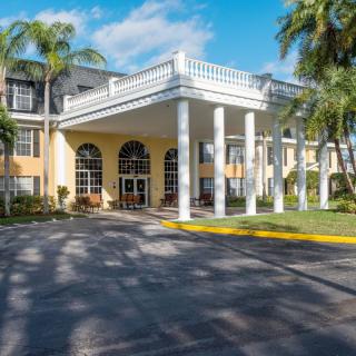 A grand hotel entrance framed by palm trees and tall columns under a clear blue sky.
