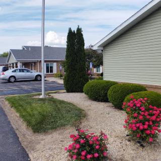 A well-maintained outdoor space featuring blooming flowers, neatly trimmed bushes, and a glimpse of nearby buildings.