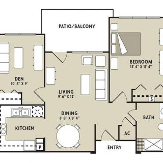 This image shows a floor plan of a 2-bedroom apartment with a den, featuring a kitchen, living room, dining area, and patio/balcony.