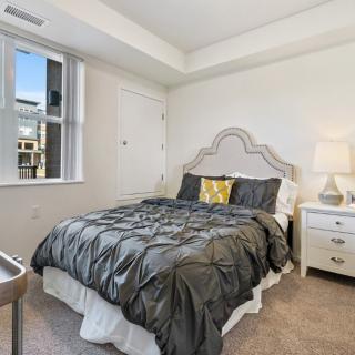 A cozy bedroom with a neatly made bed, stylish headboard, and elegant bedside lamp.
